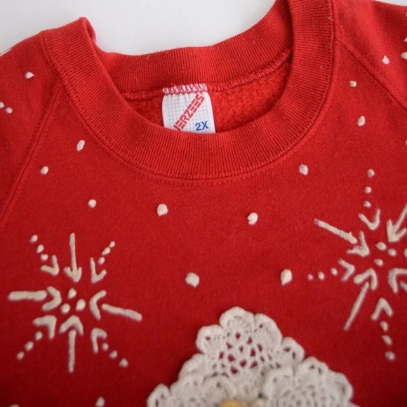Vintage Jerzees Red Snowman Lace & Buttons &  Snowflakes Crewneck Sweater 2X - Picture 13 of 14